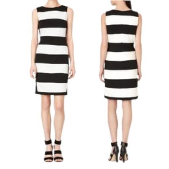 Calvin Klein Women’s Size 4 Sleeveless Striped Colorblock Sheath Dress Black Wht - Picture 1 of 9